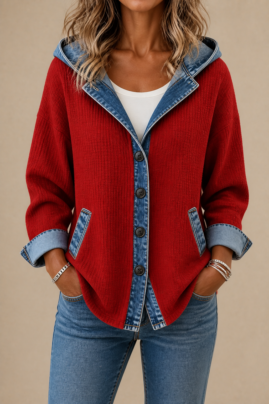 Gebreid vest met capuchon en denim afwerking