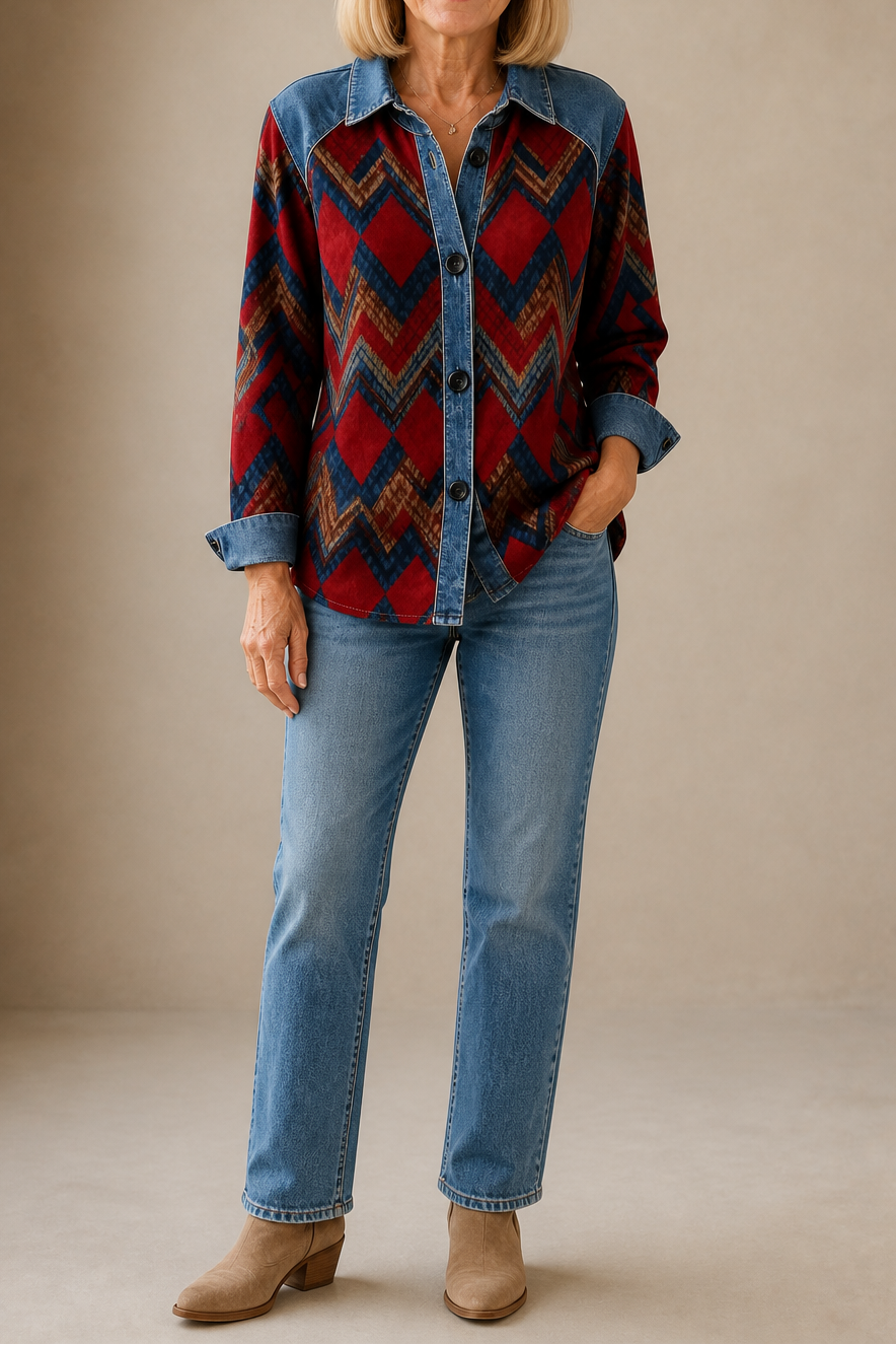Gebreid vest met capuchon en denim afwerking