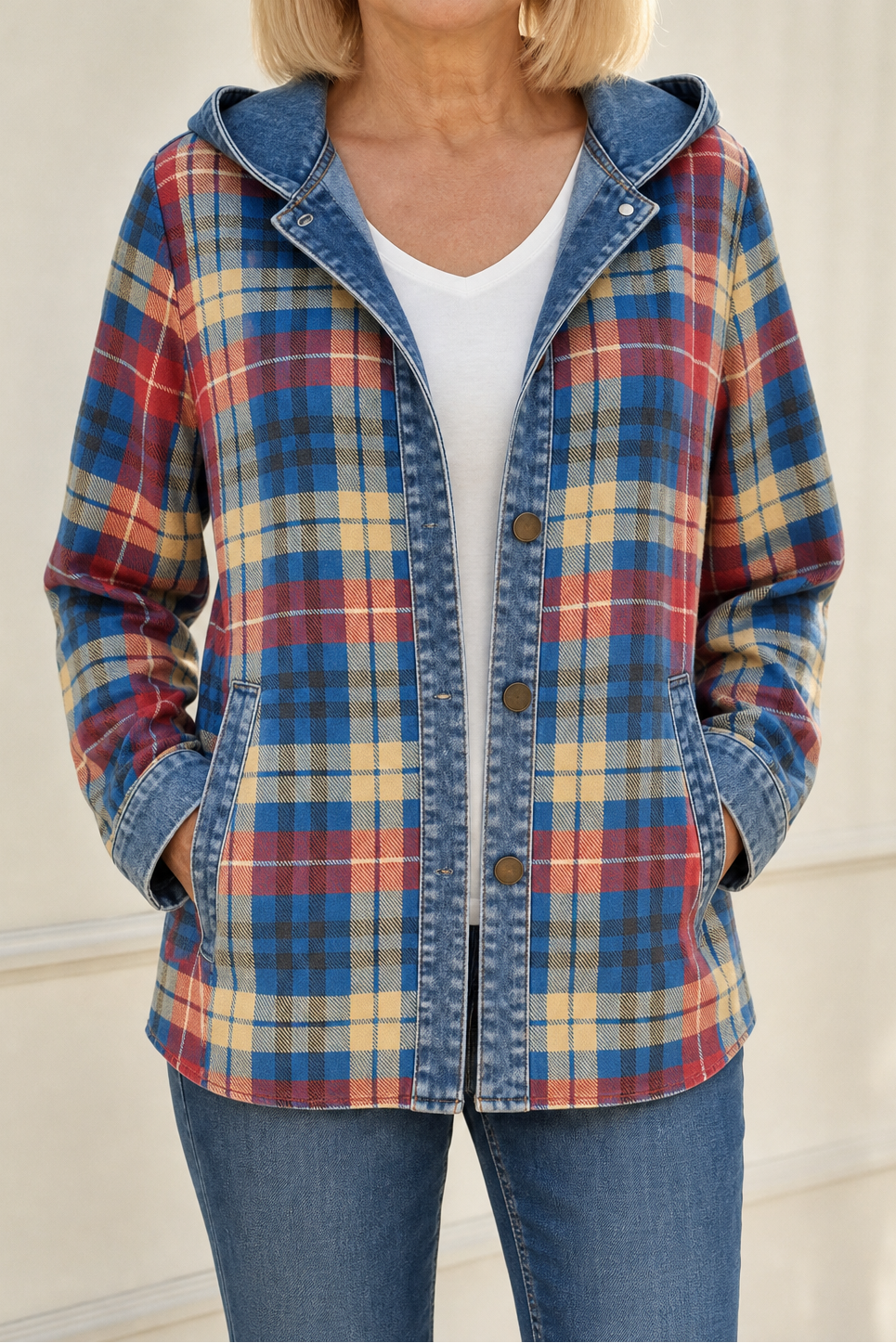 Gebreid vest met capuchon en denim afwerking