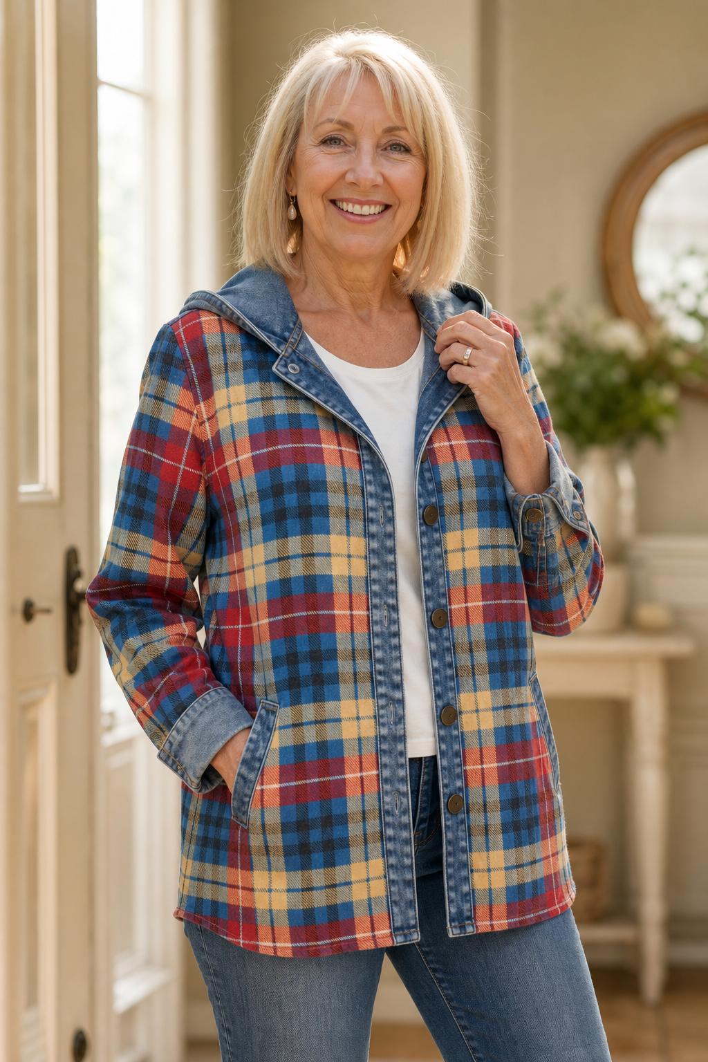 Gebreid vest met capuchon en denim afwerking