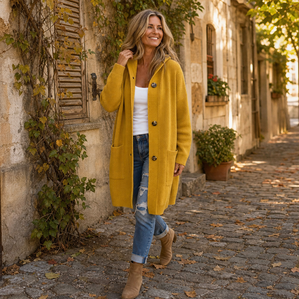 Gebreid vest met capuchon en knoopsluiting