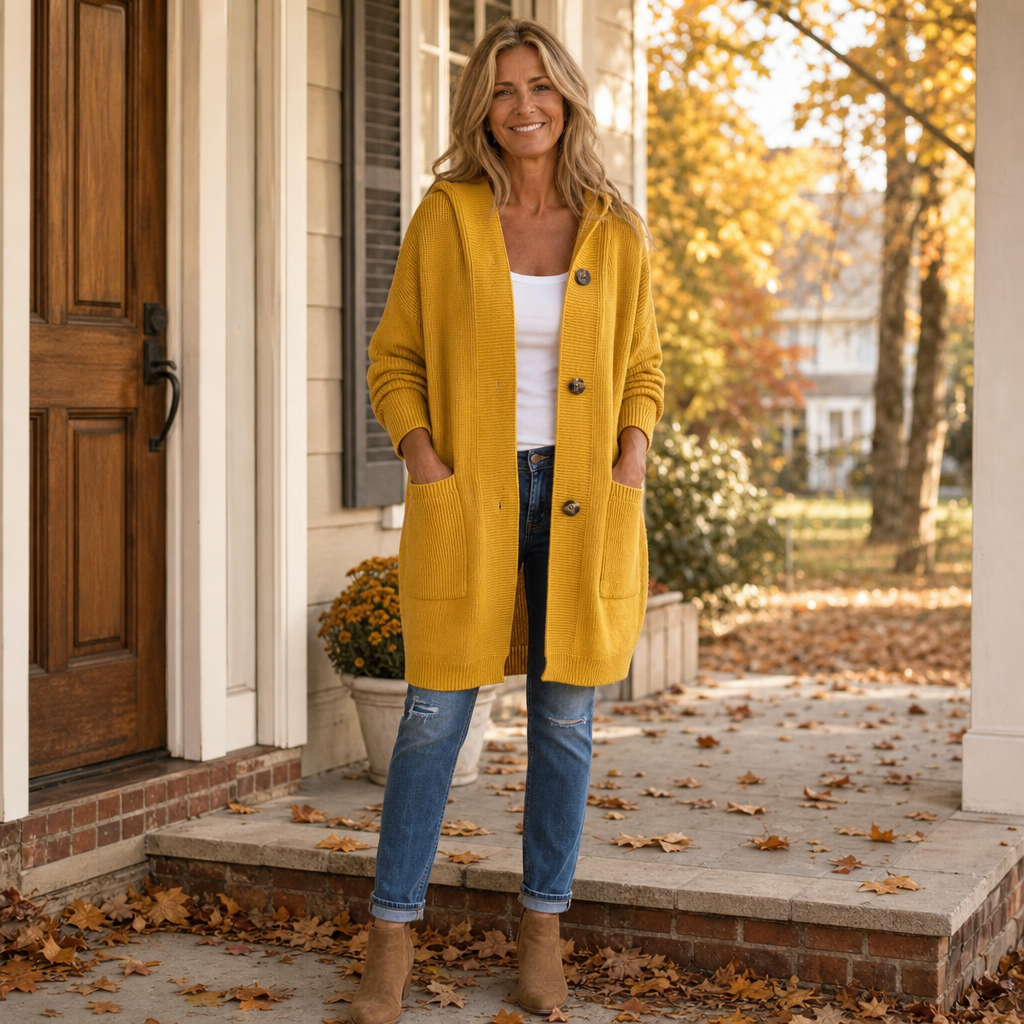 Gebreid vest met capuchon en knoopsluiting