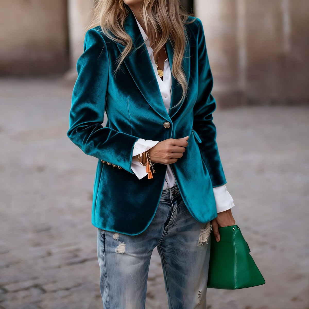 Getailleerde fluwelen damesblazer met reverskraag en eenknoopssluiting