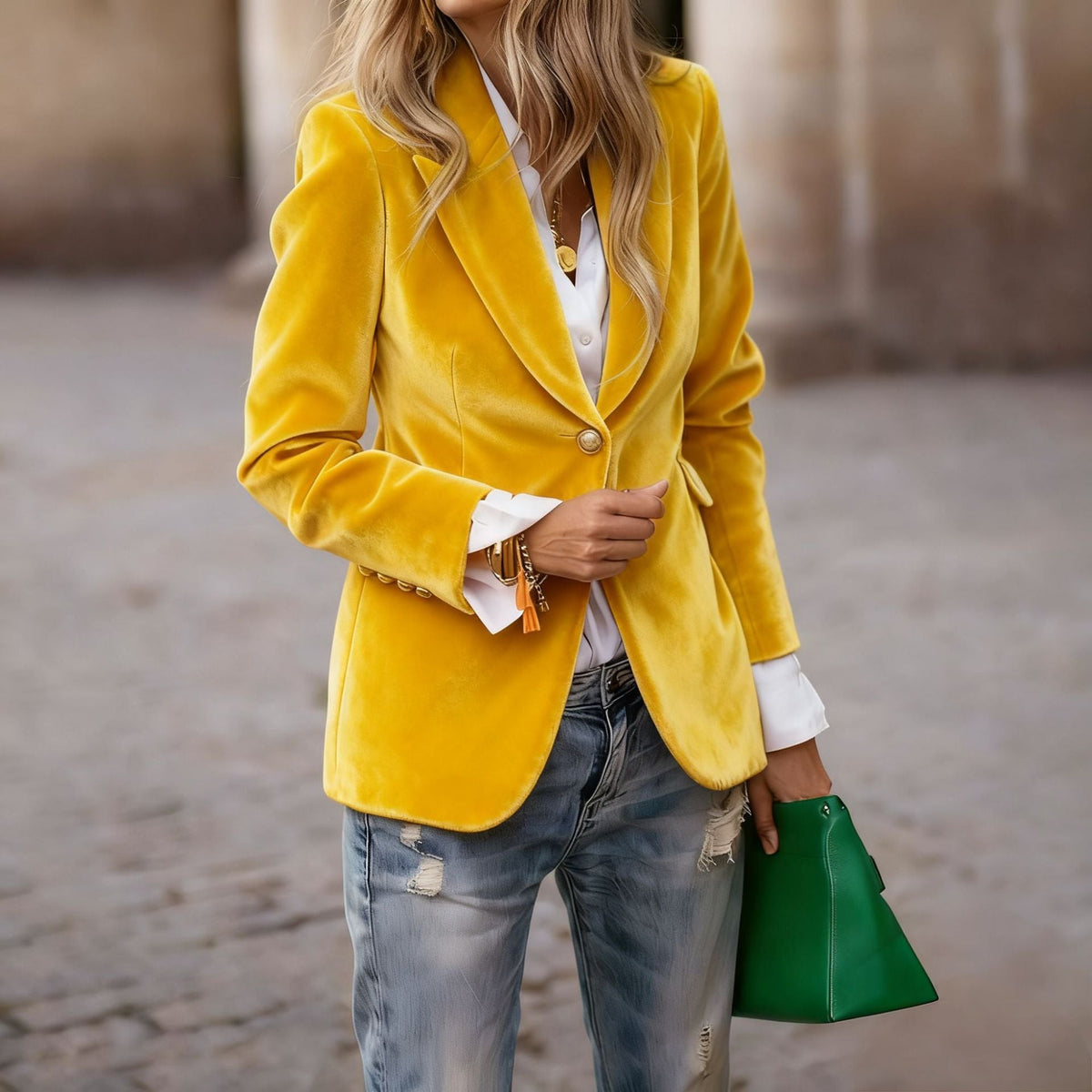 Getailleerde fluwelen damesblazer met reverskraag en eenknoopssluiting