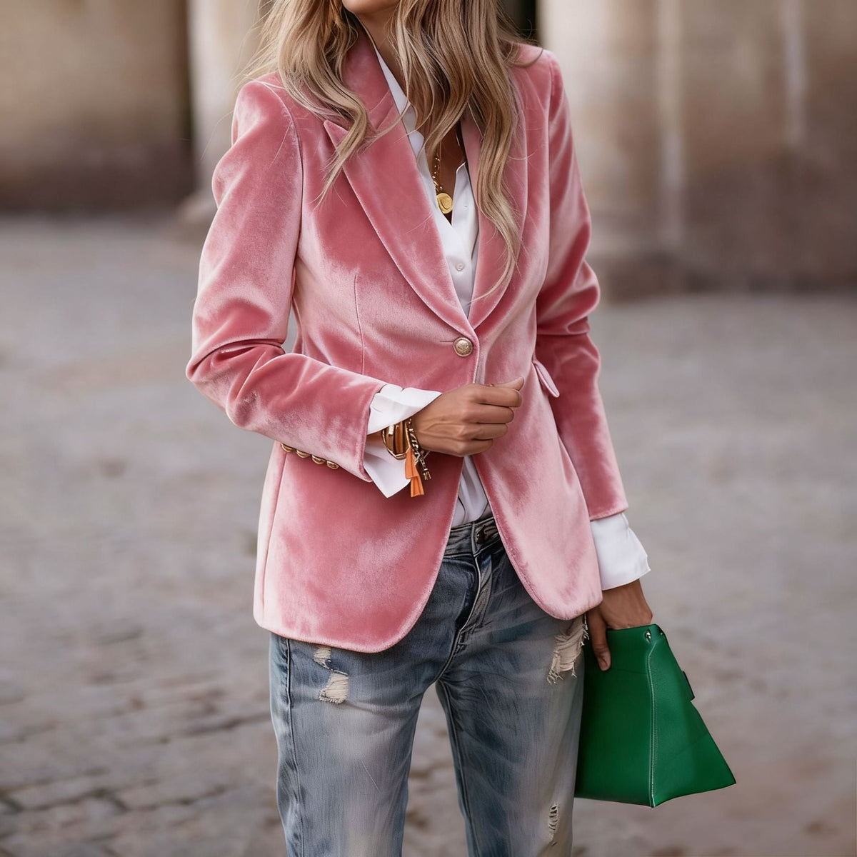 Getailleerde fluwelen damesblazer met reverskraag en eenknoopssluiting