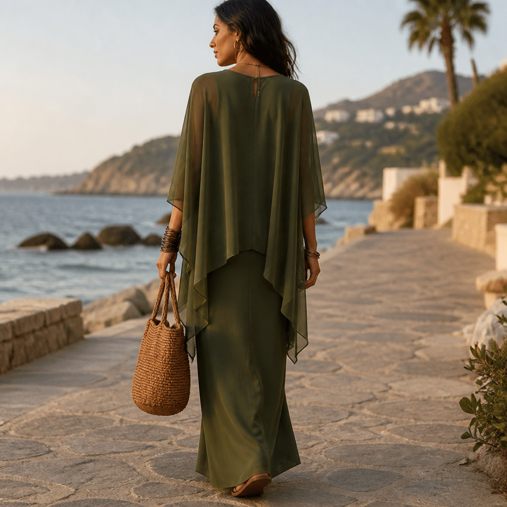 Gedrapeerde maxi-jurk met capemouwen en asymmetrische zoom