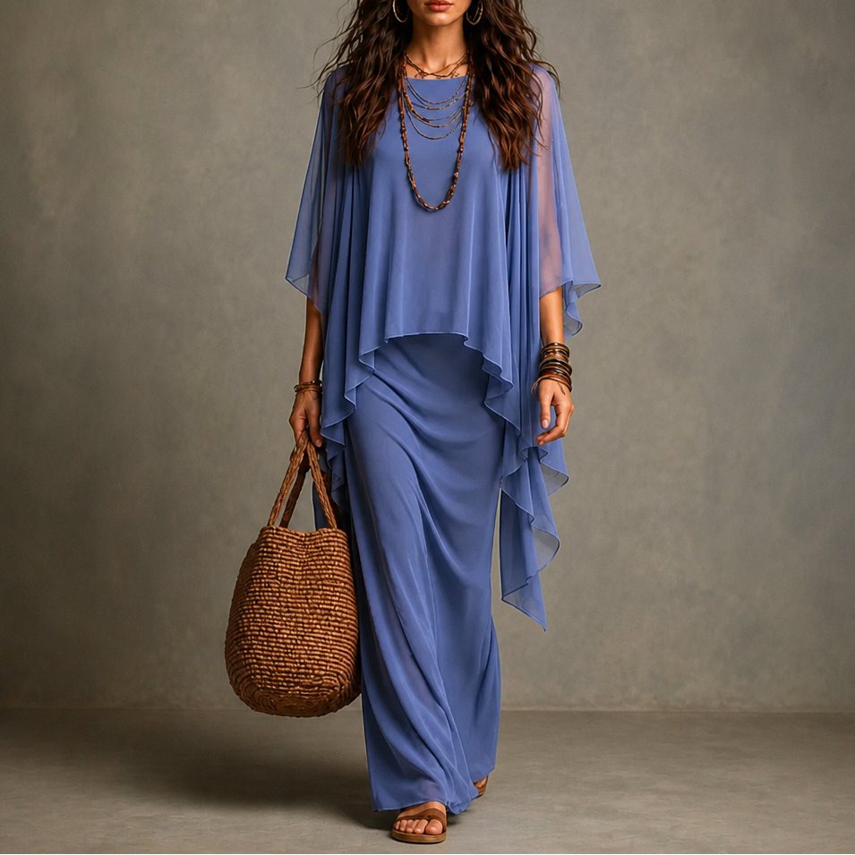 Gedrapeerde maxi-jurk met capemouwen en asymmetrische zoom