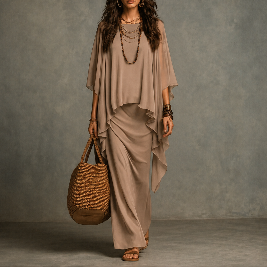 Gedrapeerde maxi-jurk met capemouwen en asymmetrische zoom