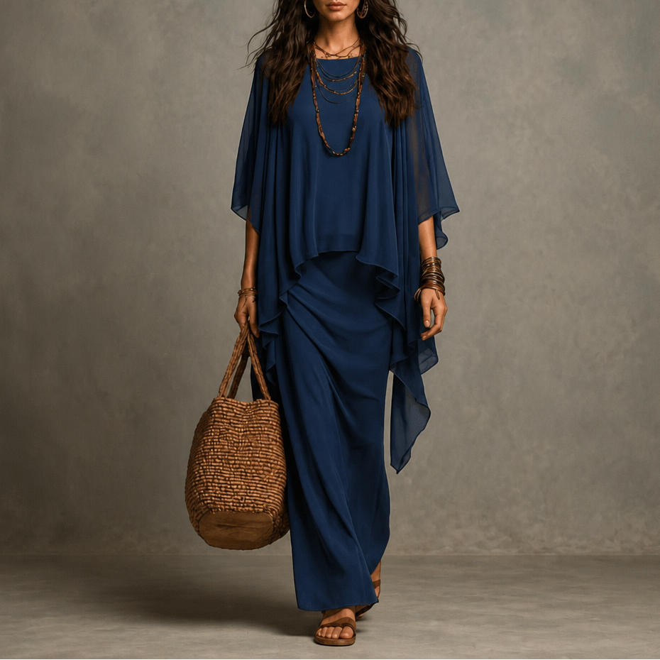 Gedrapeerde maxi-jurk met capemouwen en asymmetrische zoom