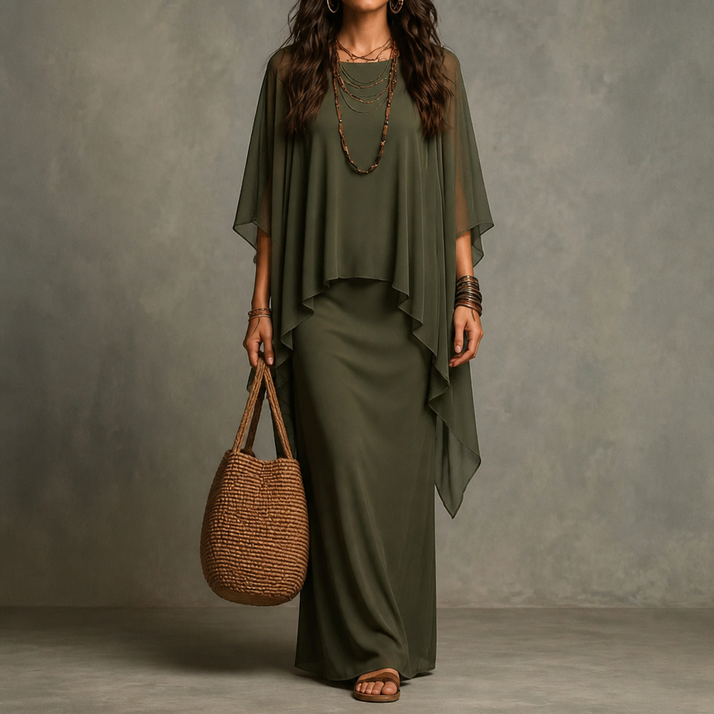 Gedrapeerde maxi-jurk met capemouwen en asymmetrische zoom