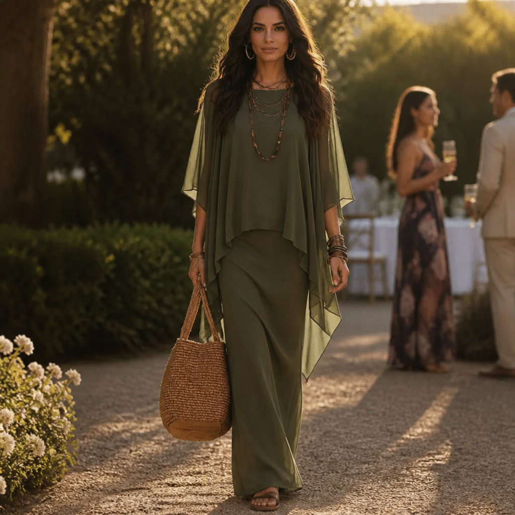 Gedrapeerde maxi-jurk met capemouwen en asymmetrische zoom