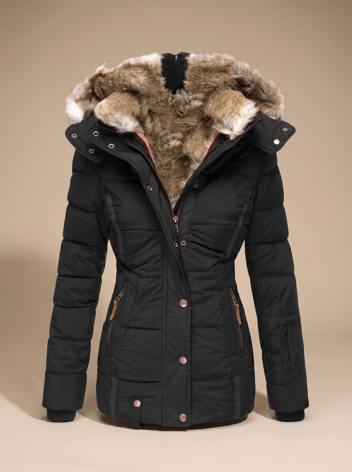 Gewatteerde dames puffer winterjas met capuchon van imitatiebont