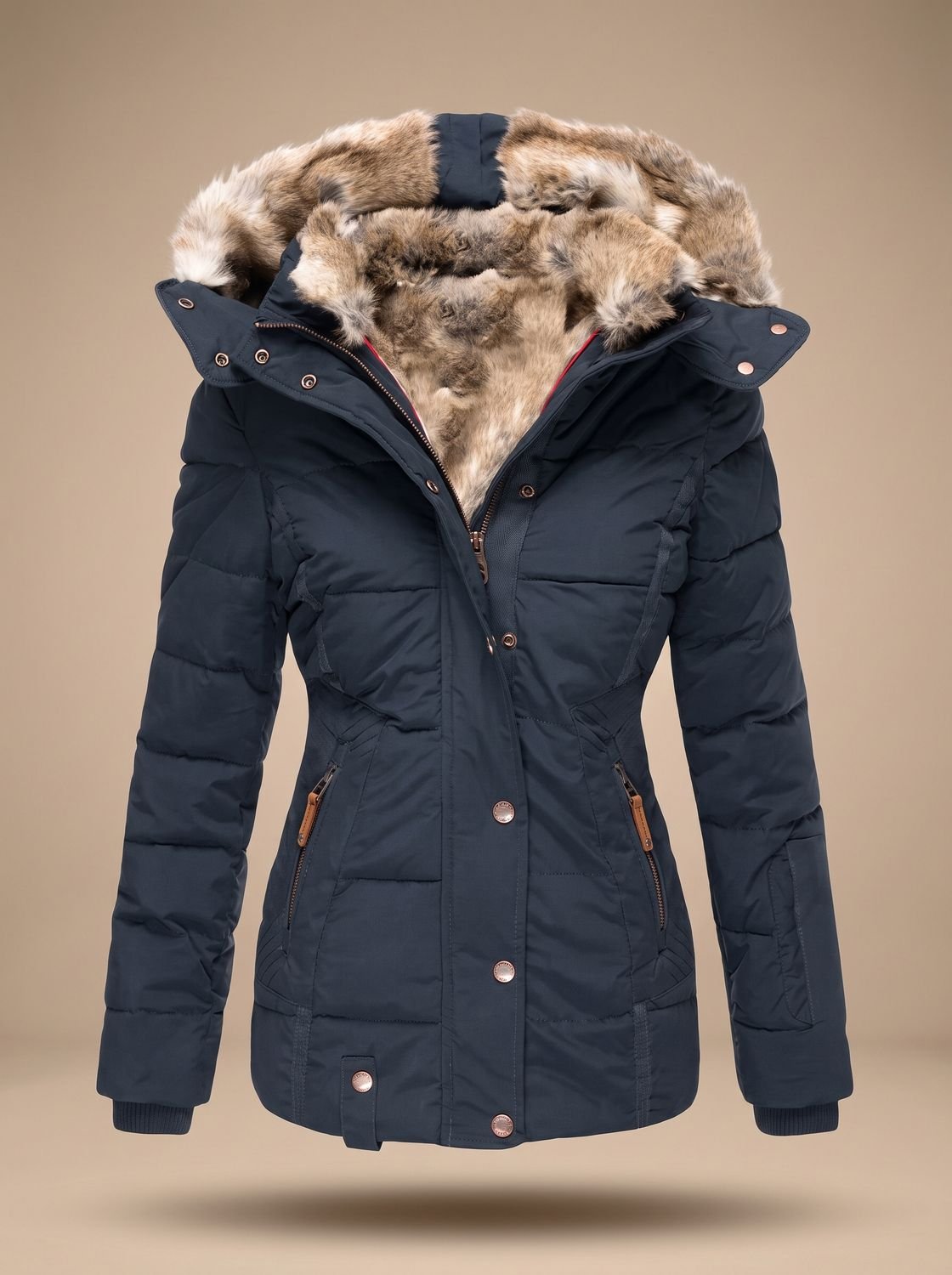 Gewatteerde dames puffer winterjas met capuchon van imitatiebont