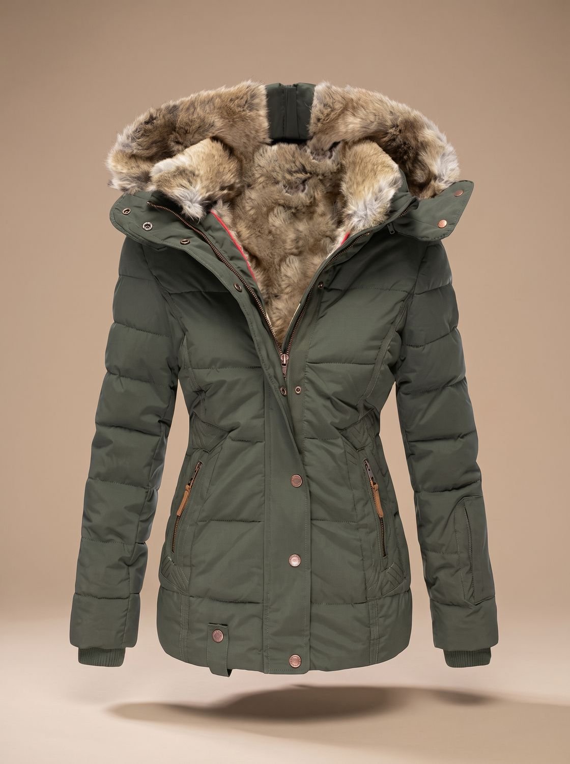 Gewatteerde dames puffer winterjas met capuchon van imitatiebont