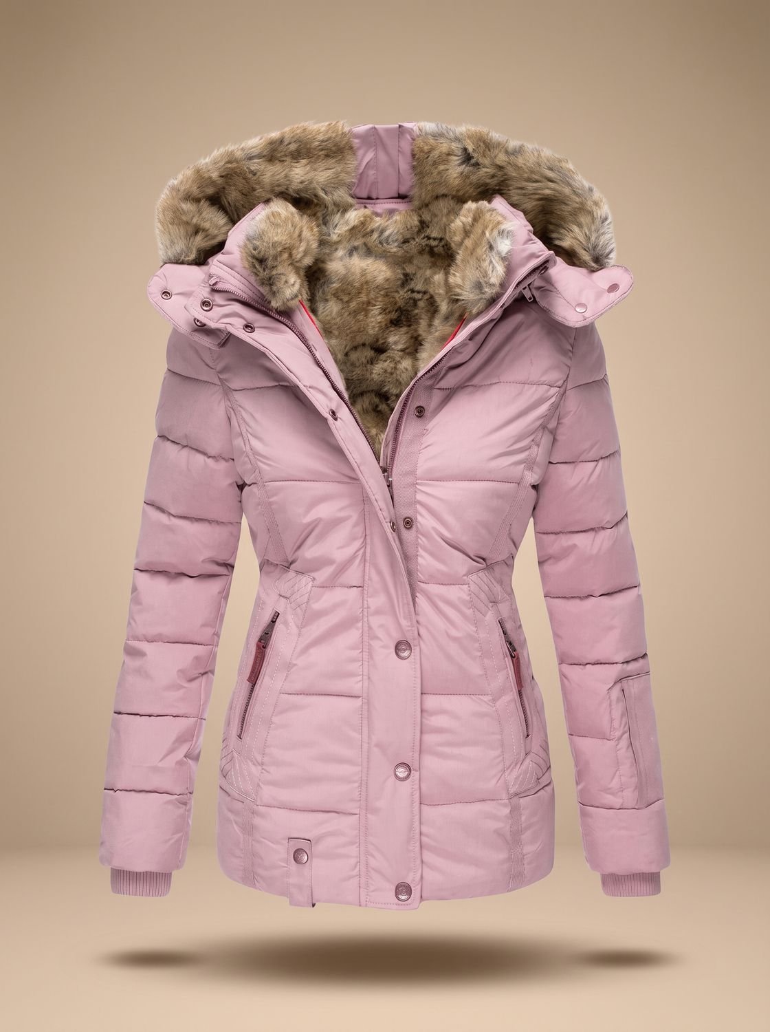 Gewatteerde dames puffer winterjas met capuchon van imitatiebont