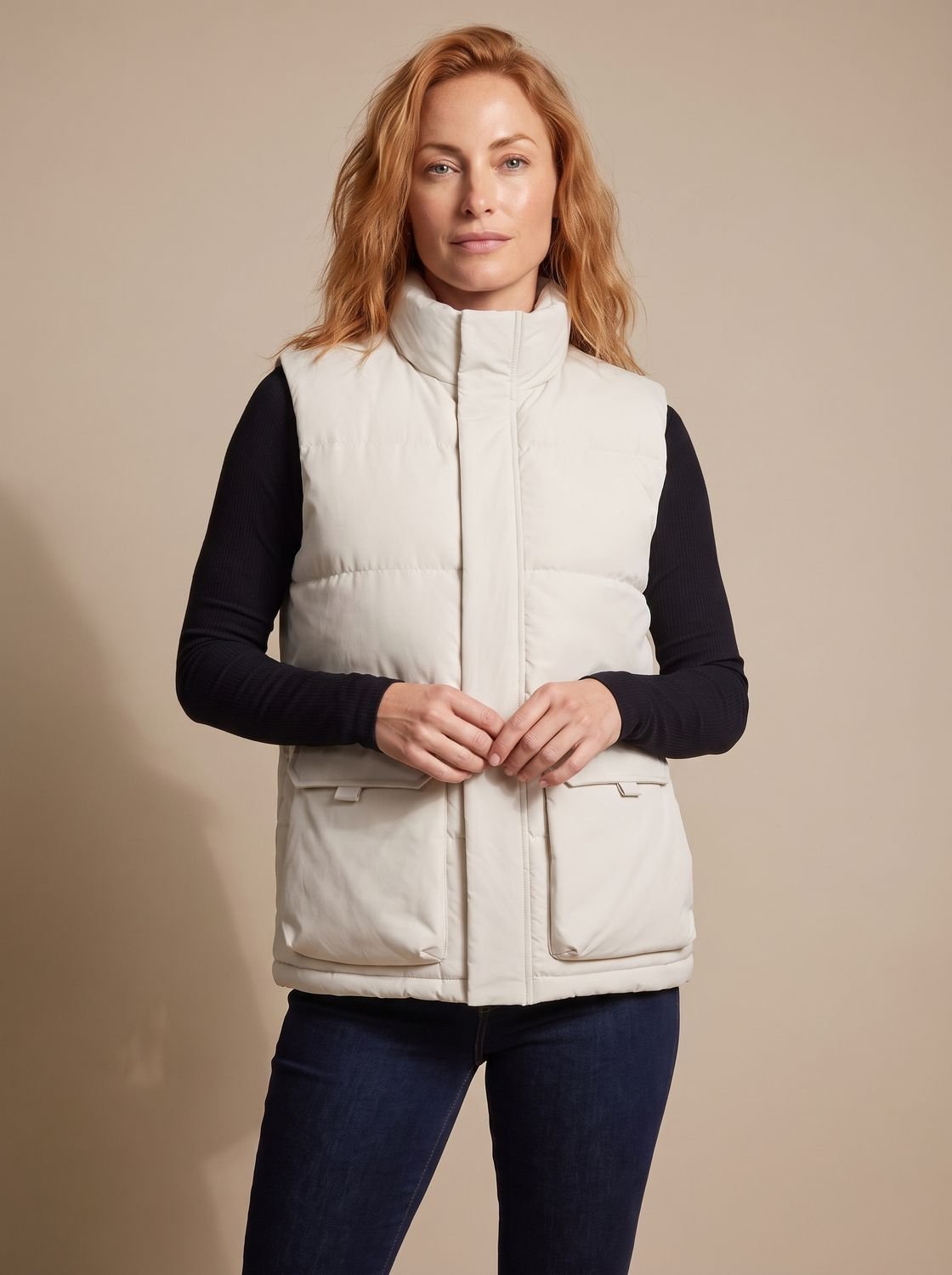 Gewatteerde puffer bodywarmer voor dames met opstaande kraag, ritssluiting en klepzakken