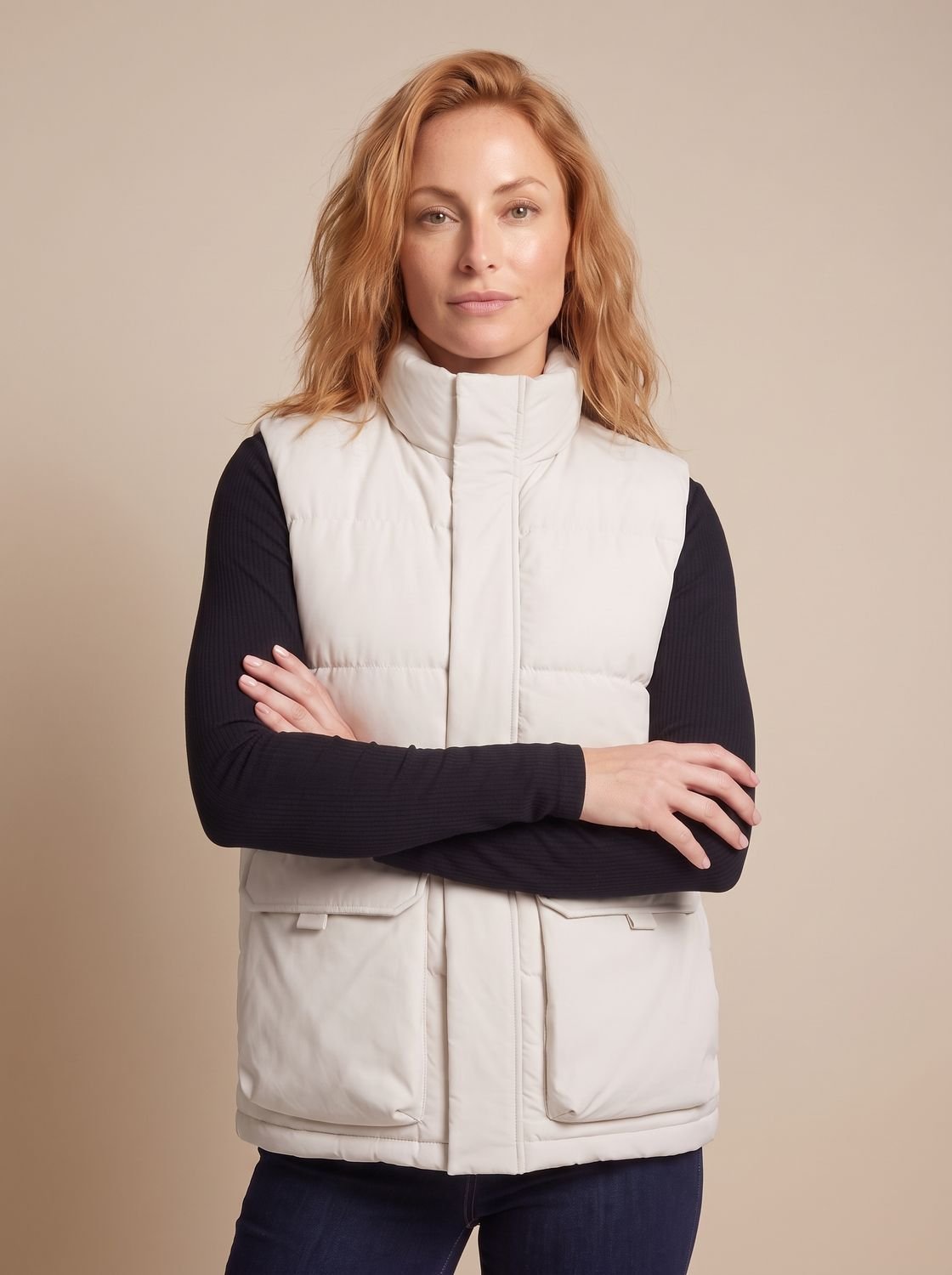 Gewatteerde puffer bodywarmer voor dames met opstaande kraag, ritssluiting en klepzakken