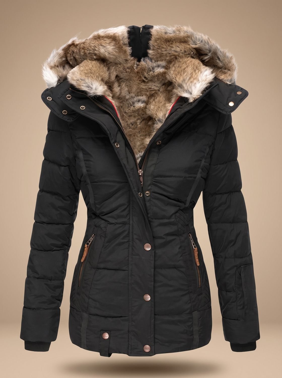 Gewatteerde puffer winterjas voor dames met capuchon van imitatiebont