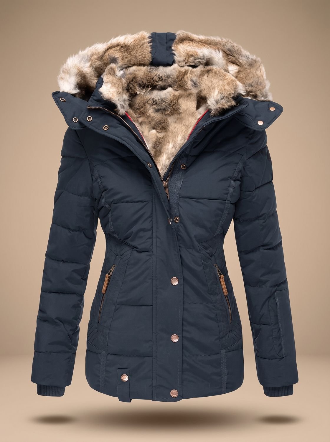 Gewatteerde puffer winterjas voor dames met capuchon van imitatiebont