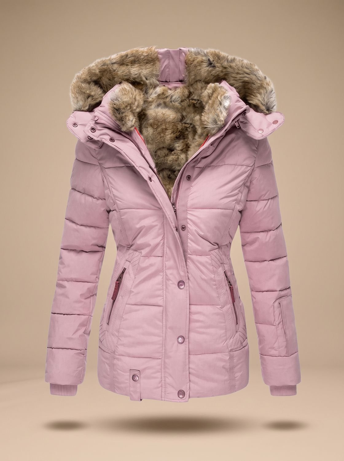 Gewatteerde puffer winterjas voor dames met capuchon van imitatiebont