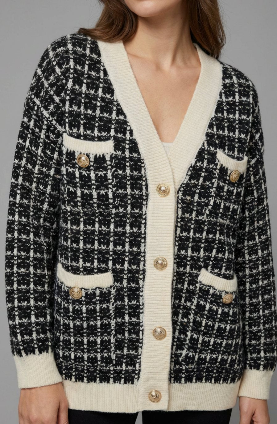Grofgebreid tweed vest met V-hals en gouden knopen voor dames