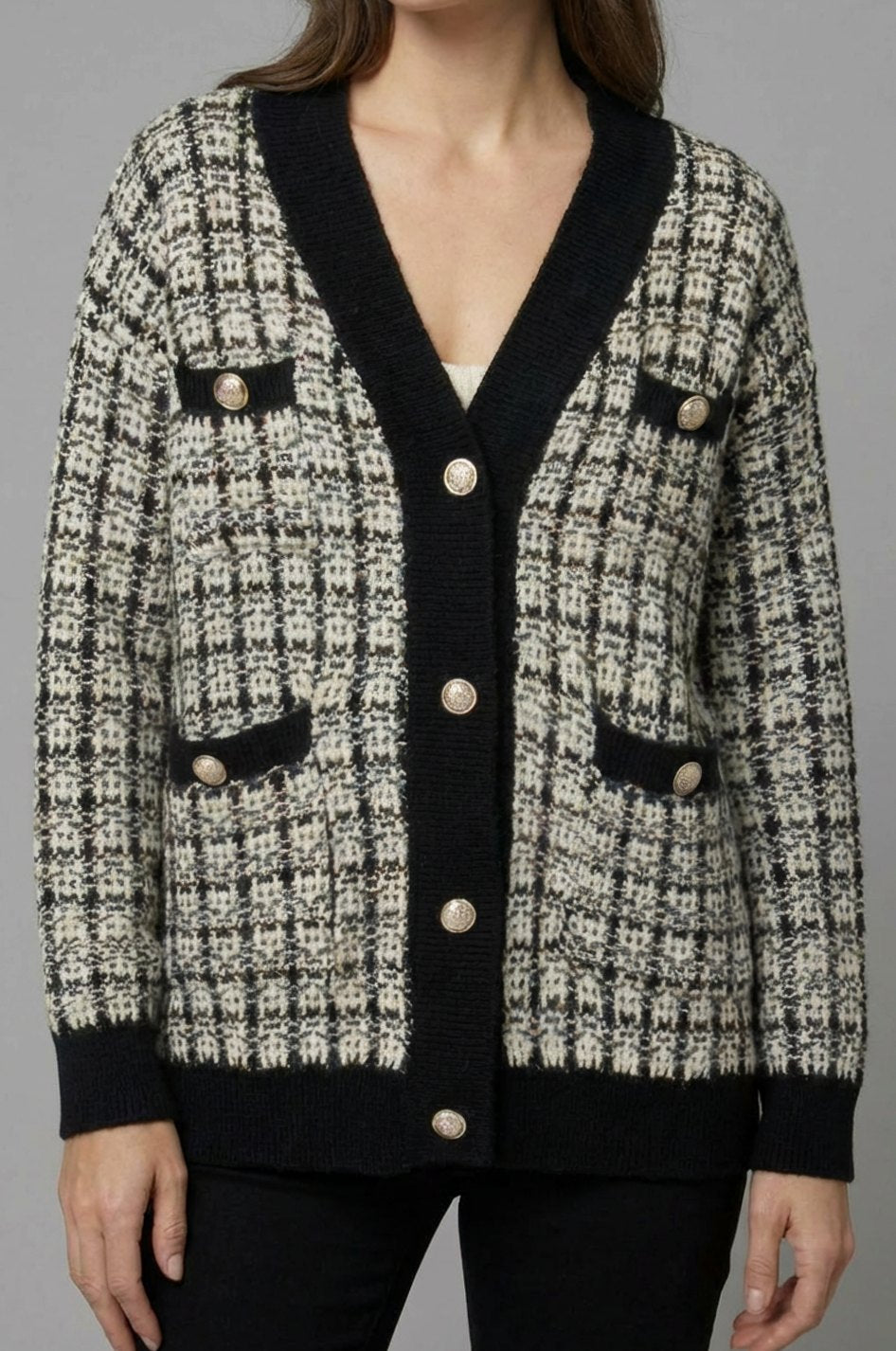 Grofgebreid tweed vest met V-hals en gouden knopen voor dames