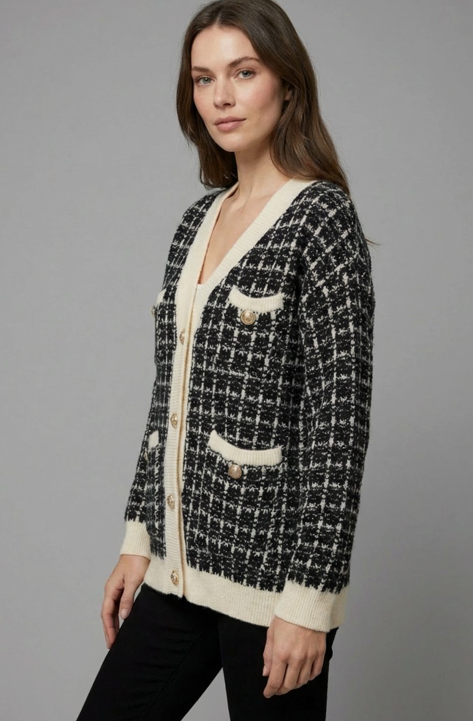 Grofgebreid tweed vest met V-hals en gouden knopen voor dames