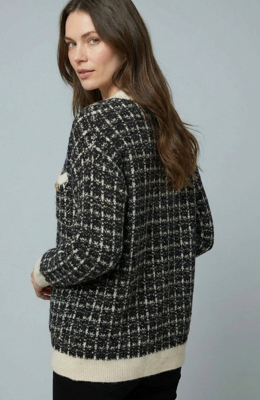 Grofgebreid tweed vest met V-hals en gouden knopen voor dames