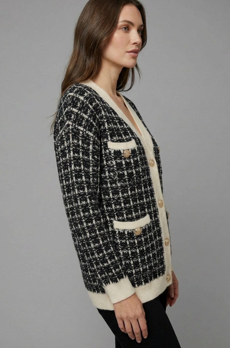 Grofgebreid tweed vest met V-hals en gouden knopen voor dames