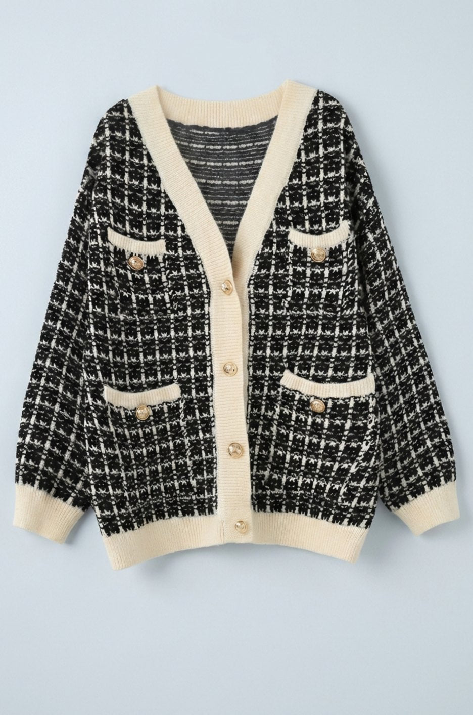 Grofgebreid tweed vest met V-hals en gouden knopen voor dames