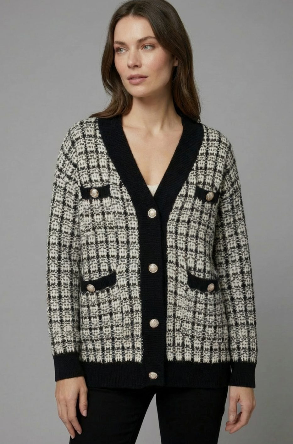 Grofgebreid tweed vest met V-hals en gouden knopen voor dames
