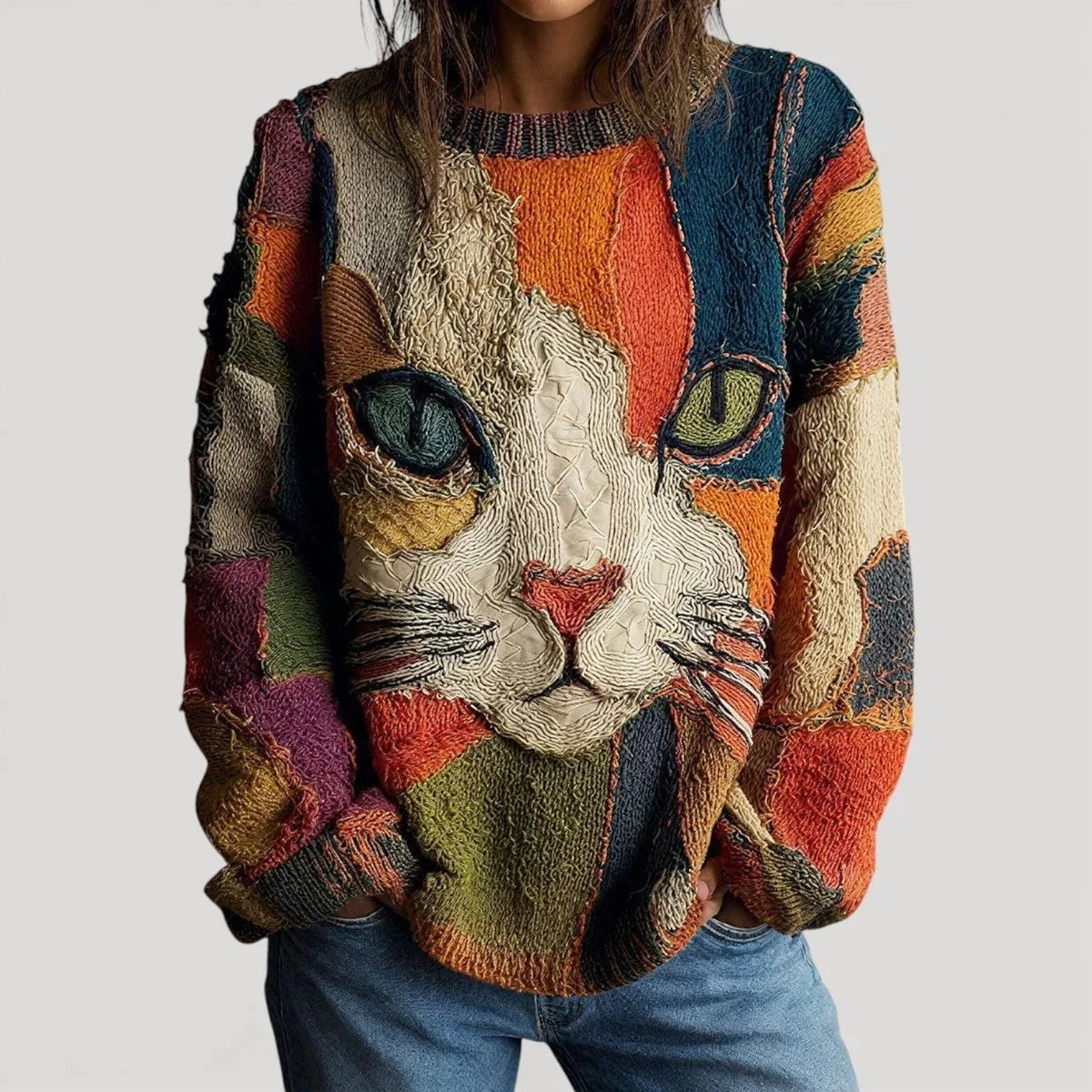 Grofgebreide damestrui met ronde hals en kattenmotief - Casual pasvorm