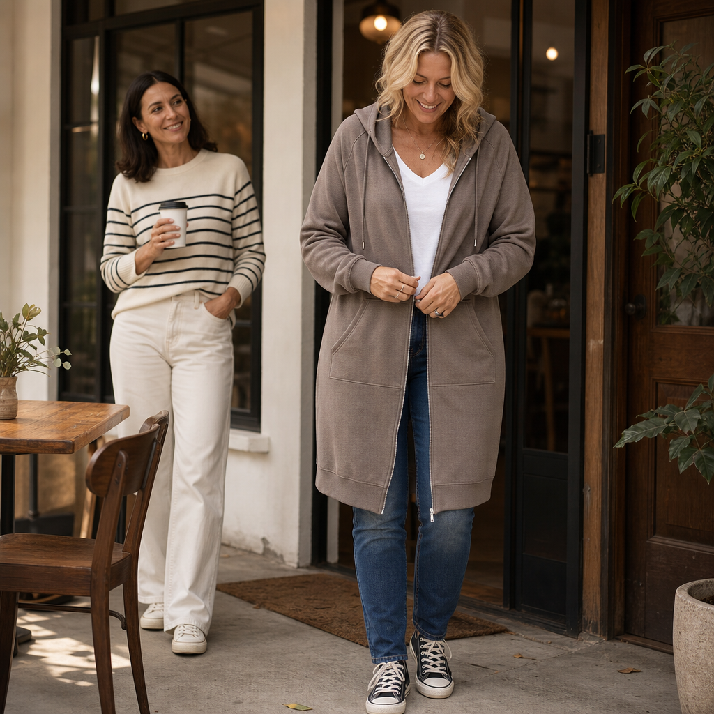 Halflang gebreid vest met rits en capuchon