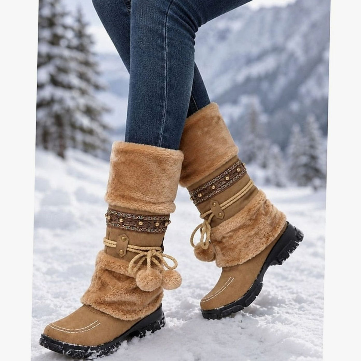 Halflange boho slouch-sneeuwlaarzen voor dames met rand van imitatiebont