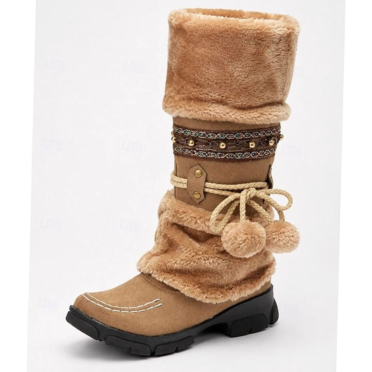Halflange boho slouch-sneeuwlaarzen voor dames met rand van imitatiebont