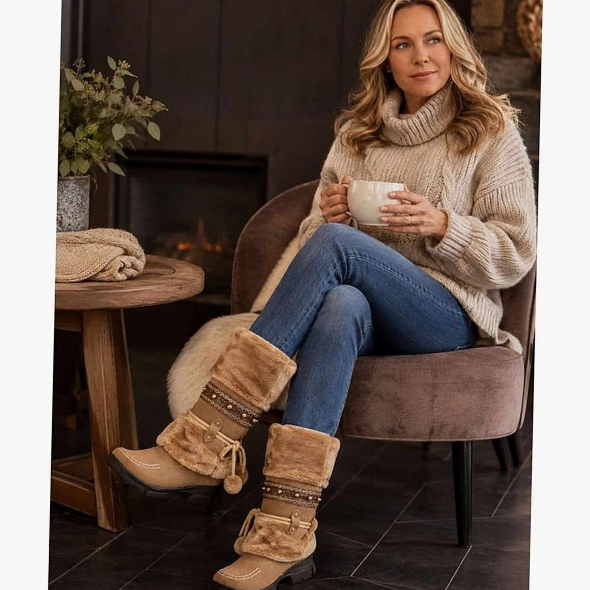 Halflange boho slouch-sneeuwlaarzen voor dames met rand van imitatiebont