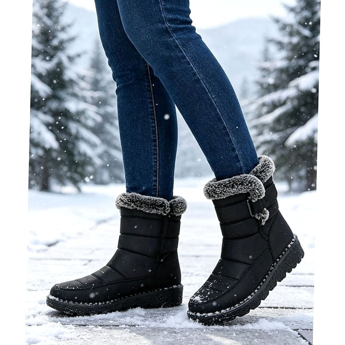 Halflange gewatteerde snowboots voor dames met imitatiebontrand