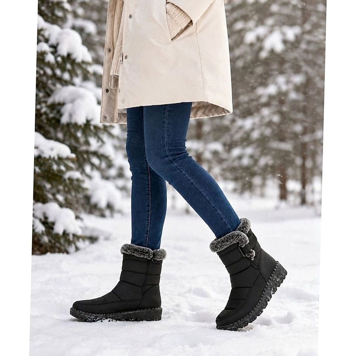 Halflange gewatteerde snowboots voor dames met imitatiebontrand