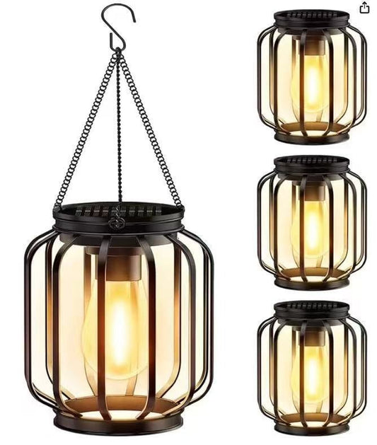 Hangende Solar-Lantaarns voor Buiten met LED-Filamentlamp in Vintagestijl en Metalen Kooi - Waterdicht