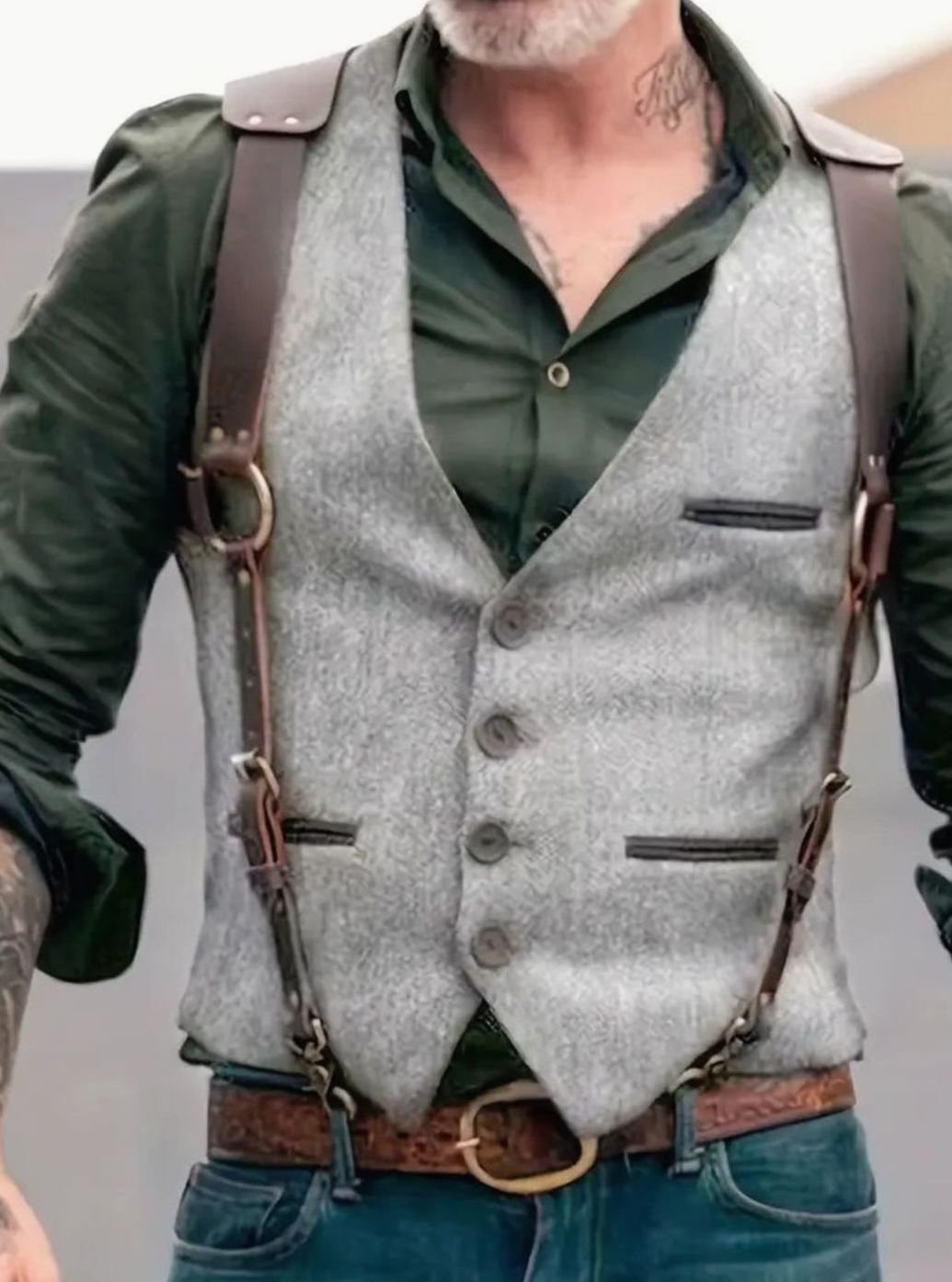 Heren western gilet in suèdelook met leren bandjes en knoopsluiting