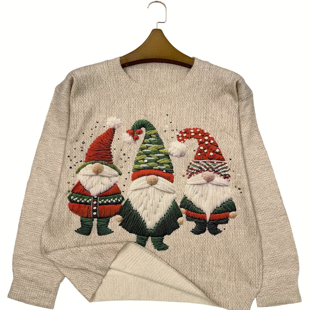 Kersttrui voor dames met grappig geborduurd kabouterdesign