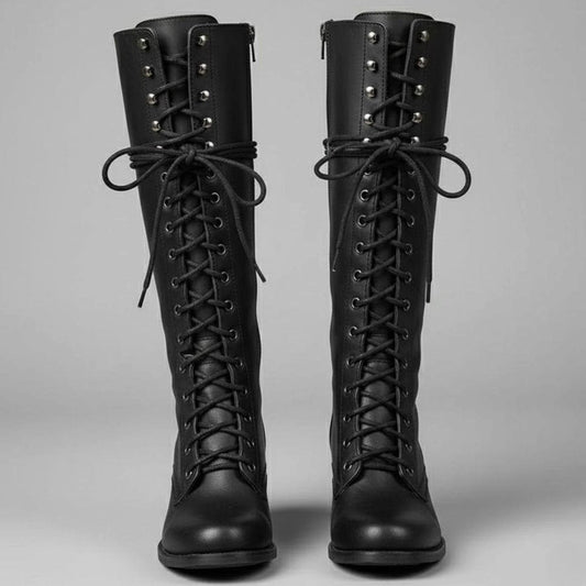 Kniehoge veterlaarzen met studs en blokhak voor dames