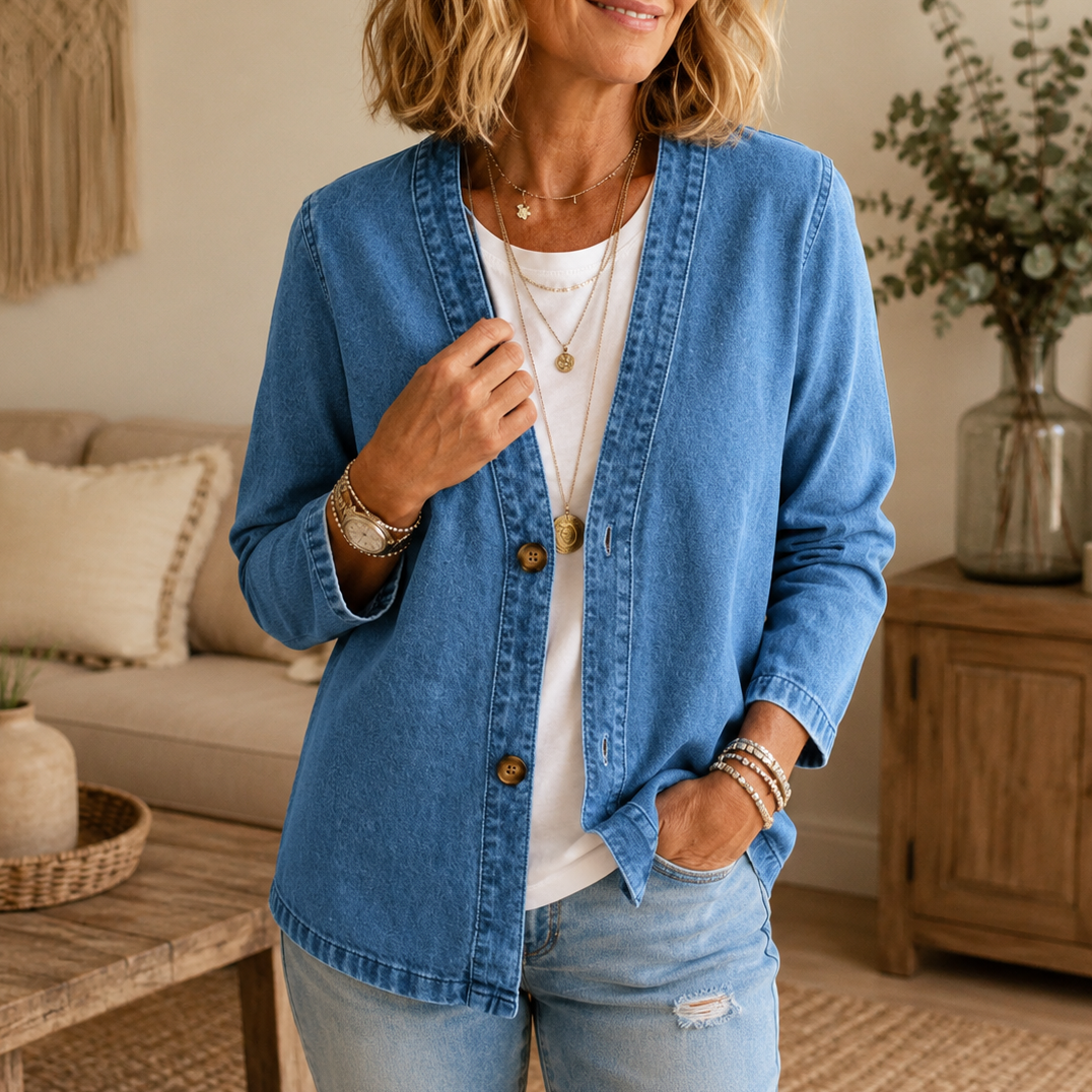 Kraagloos vest met knoopsluiting en zachte denimlook