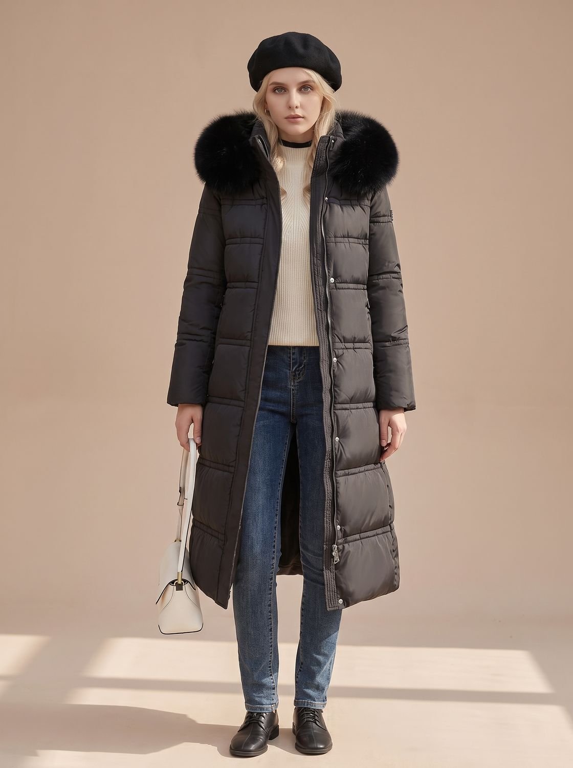 Lange gewatteerde winterparka voor dames met luxe bontcapuchon