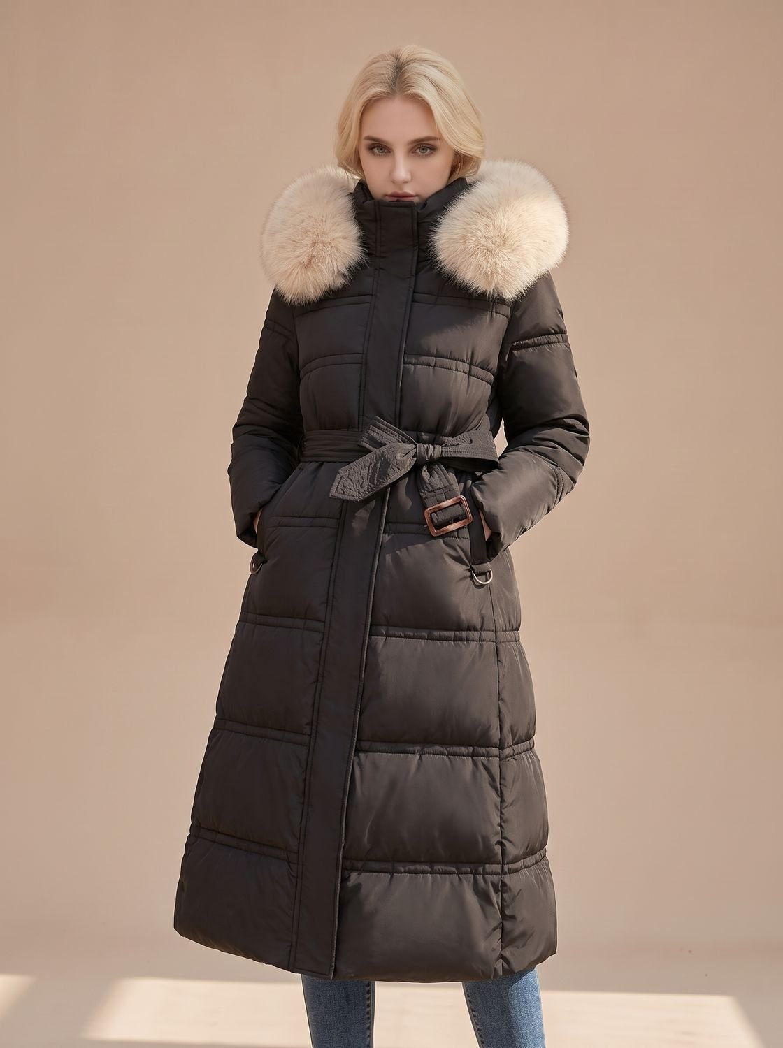 Lange gewatteerde winterparka voor dames met luxe bontcapuchon