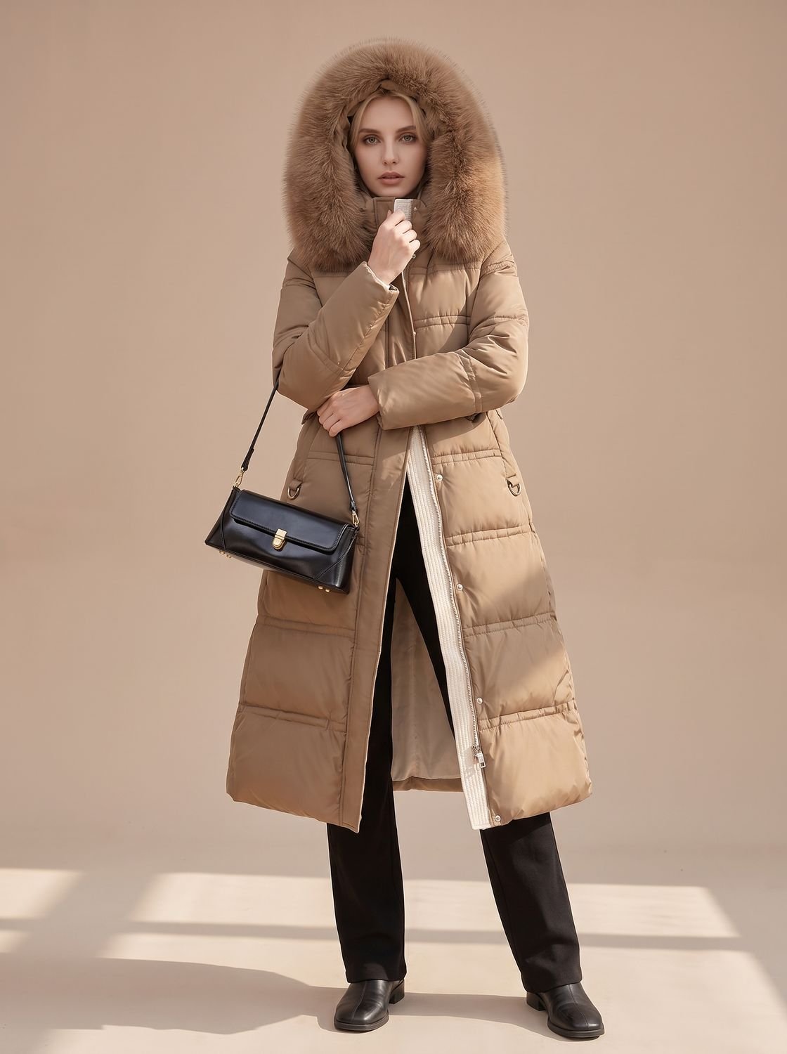 Lange gewatteerde winterparka voor dames met luxe bontcapuchon