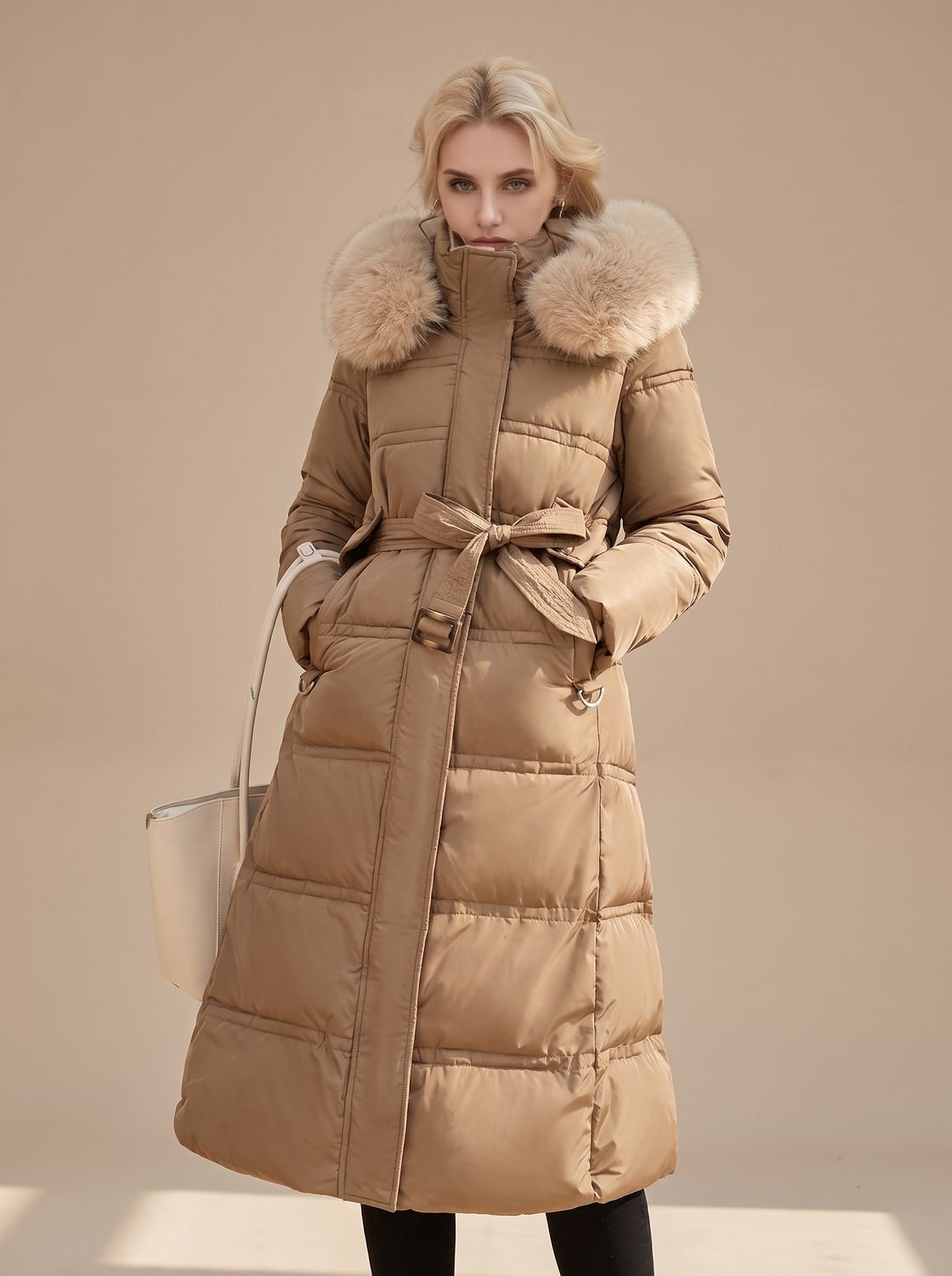 Lange gewatteerde winterparka voor dames met luxe bontcapuchon