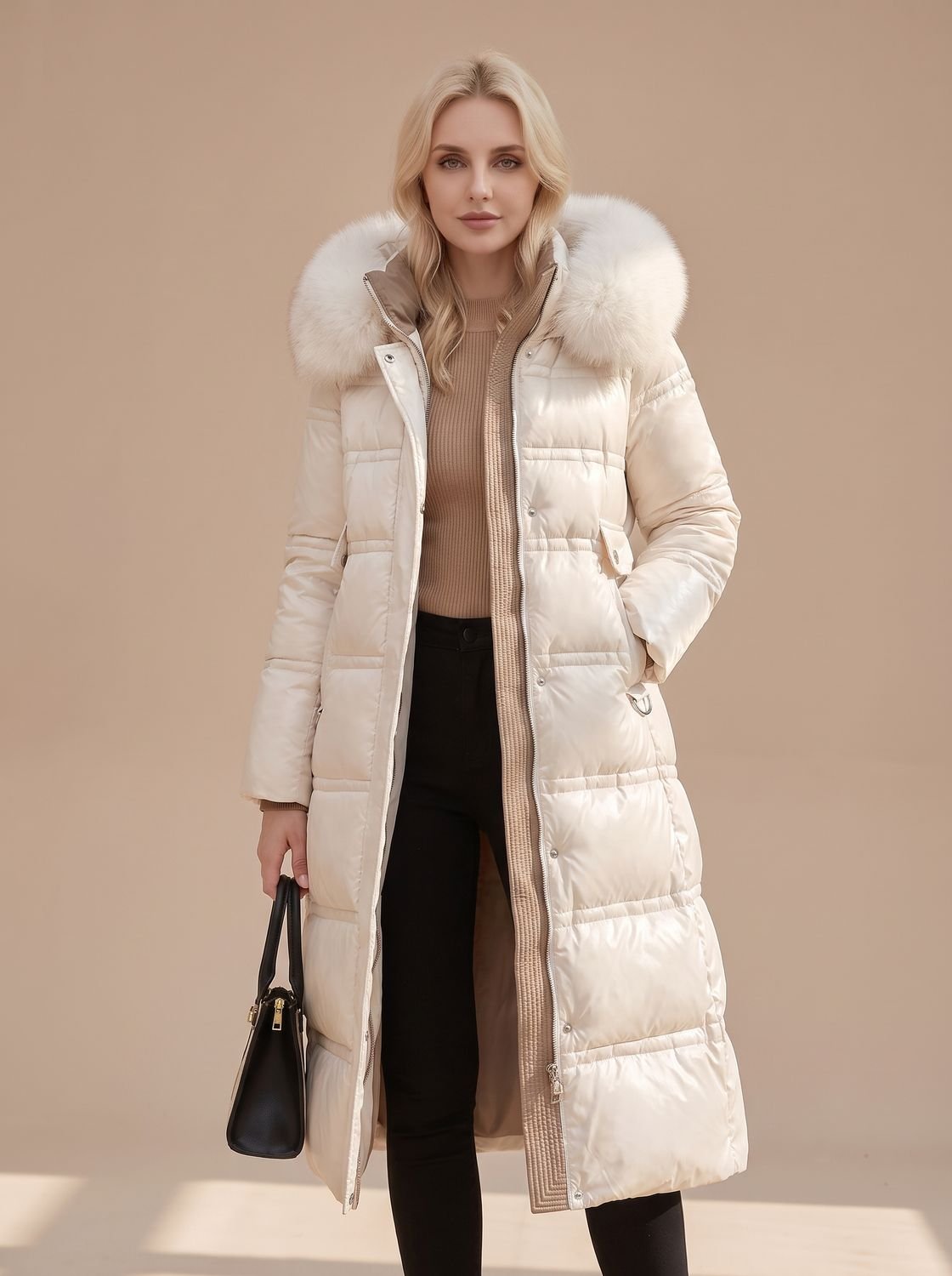 Lange gewatteerde winterparka voor dames met luxe bontcapuchon