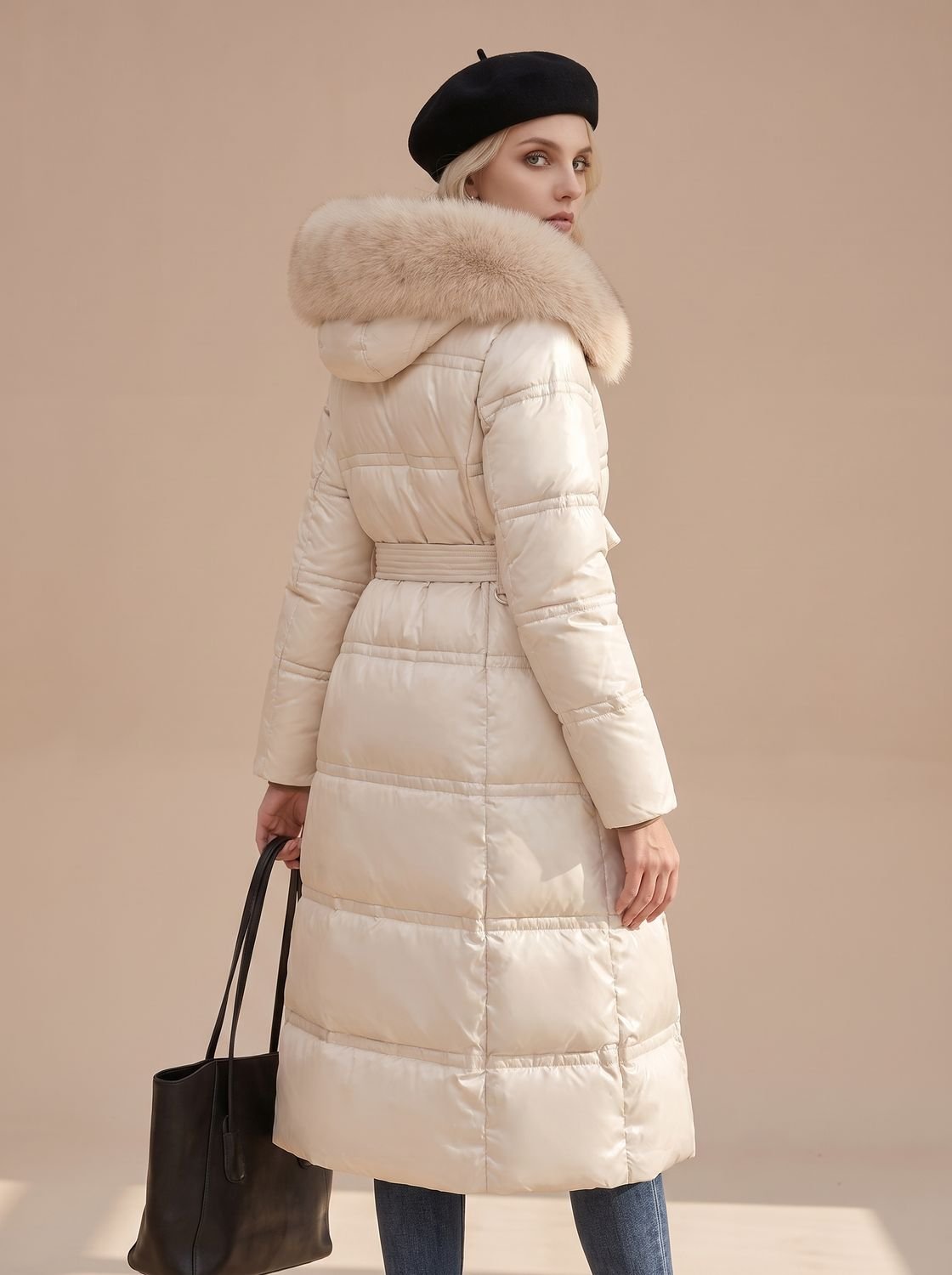 Lange gewatteerde winterparka voor dames met luxe bontcapuchon