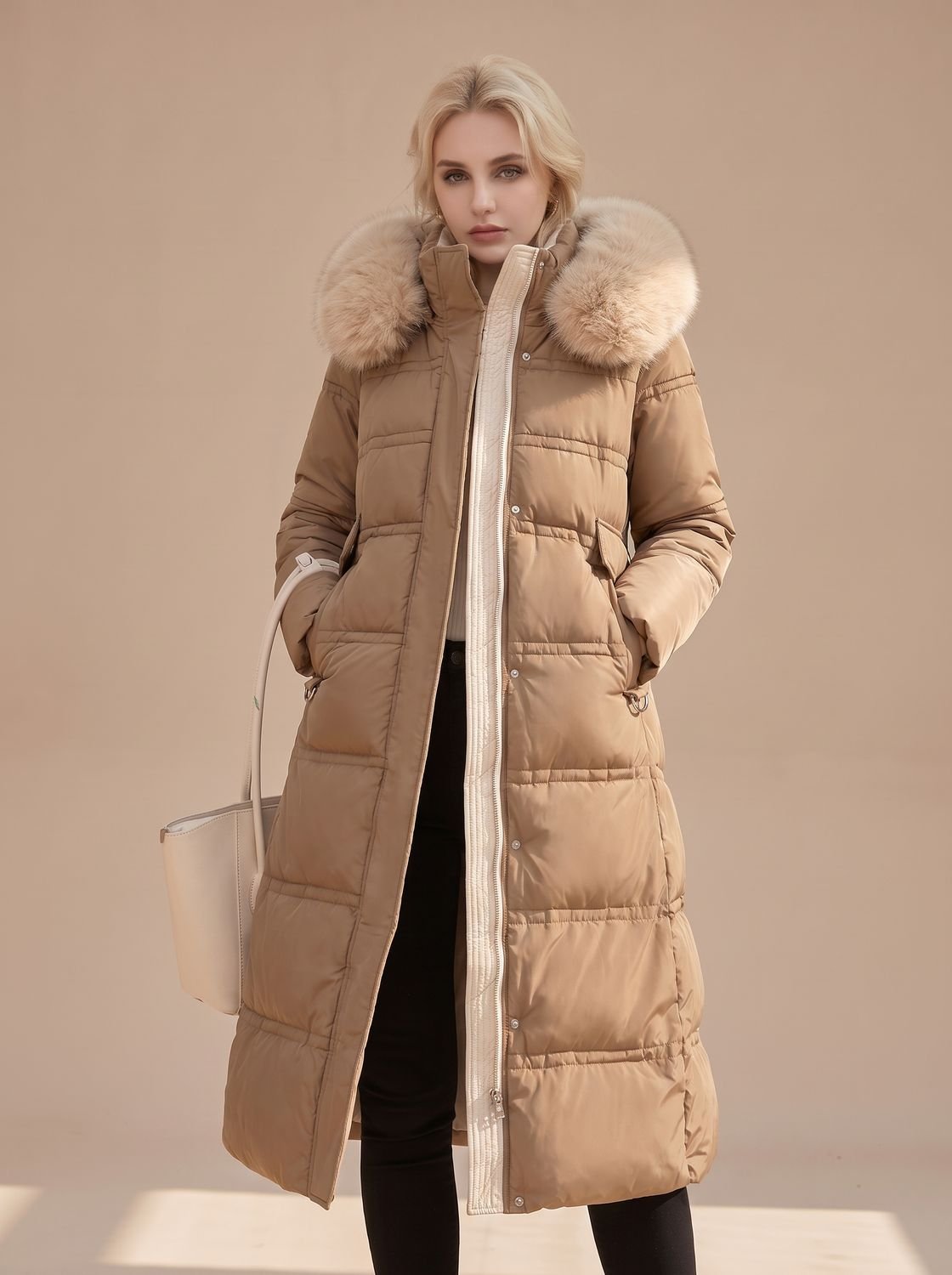 Lange gewatteerde winterparka voor dames met luxe bontcapuchon